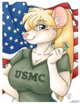 american_flag anthro big_breasts blonde_hair blue_eyes breasts cleavage clothed clothing female fur hair pink_nose solo tattoo text united_states_of_america white_body white_fur michele_light united_states_marine_corps tessa_(steel_panther) mammal mouse murid murine rodent 2021 english_text signature