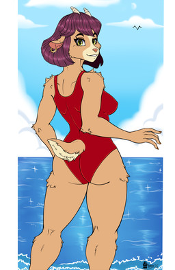 anthro breasts butt clenched_teeth clothing cloud ear_piercing female fur hair head_turned horn looking_at_viewer one-piece_swimsuit piercing rear_view sea side_boob sky skyscape smile smiling_at_viewer solo sparkles standing swimwear tail teeth water marcushunter on_your_tail diana_caproni_(on_your_tail) bovid caprine goat mammal 2025 hi_res signature