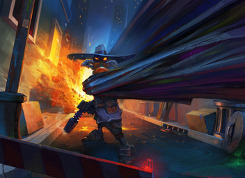 angry anthro beak cape city clothing detailed_background explosion glowing glowing_eyes gun hat headgear headwear holding_gun holding_object holding_ranged_weapon holding_weapon male night outside ranged_weapon road solo standing weapon artyom_kim darkwing_duck disney ducktales drake_mallard anatid anseriform avian bird duck 2011 digital_media_(artwork) hi_res