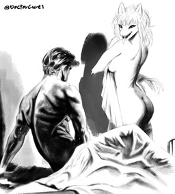 5_fingers abs abstract_background anthro bed bed_sheet bedding bedroom bedroom_eyes biped blanket bodily_fluids breasts butt claws curvy_figure duo female finger_claws fingers furniture hair hourglass_figure human_on_anthro interspecies long_arms long_fingers long_hair looking_at_another male male/female medium_breasts muscular muscular_male narrowed_eyes nude nude_anthro open_mouth pecs pose saliva seductive sharp_teeth smile smiling_at_another teeth teeth_showing text tongue tongue_out wavy_hair wide_hips doctorcure frank_frazetta leo_(napalm_express) missy_(napalm_express) human humanoid mammal monster wolficus absurd_res digital_drawing_(artwork) digital_media_(artwork) english_text hi_res monochrome pinup shaded sketch
