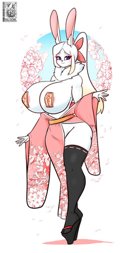 5_fingers anthro areola areola_slip big_breasts blue_eyes breasts clothing eyebrows female female_anthro fingers footwear fur huge_breasts legwear neck_tuft ofuda ofuda_on_breast ofuda_on_nipples pasties pink_areola small_waist solo talisman thick_thighs tuft white_body white_fur wide_hips halotroll lagomorph leporid mammal rabbit 2026 absurd_res hi_res