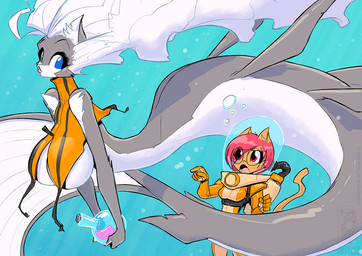 after_transformation annoyed anthro blue_eyes bubble clothing cork countershade_tail countershade_torso countershading diving_suit duo female fin flippers fur grey_body grey_fur hair legless open_mouth pink_hair pointing_at_object red_eyes split_form swimming tail tail_fin tan_body torn_clothing torn_diving_suit underwater vial water white_body white_fur white_hair conditional_dnp jollyjack mermay chloe_sinclaire maxine_maxine aquatic domestic_cat felid feline felis hybrid mammal mephitid merfolk skunk 2026