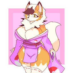 :3 anthro asian_clothing big_breasts black_nose border breasts brown_body brown_fur cleavage clothed clothing east_asian_clothing eyelashes female fur green_eyes huge_breasts japanese_clothing kimono legwear looking_at_viewer neck_tuft no_underwear pink_background pink_clothing pink_kimono pupils simple_background slit_pupils solo spikes standing tail thick_thighs tuft white_body white_border white_clothing white_fur white_legwear white_tail white_tuft wide_hips salchikokokoko nintendo pokemon dusk_lycanroc generation_7_pokemon lycanroc pokemon_(species) 1:1 hi_res