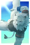 anthro blue_eyes bottomwear bulge clothing footwear fur hair male mane mascot muscular muscular_male pants shirt shoes sky smile solo sport t-shirt topwear white_body biri nippon_professional_baseball saitama_seibu_lions leo_(saitama_seibu_lions) felid lion mammal pantherine hi_res