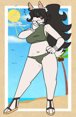 anthro ashes big_breasts bikini bikini_bottom biped black_hair bodily_fluids breasts cigarette cigarette_in_mouth clothed clothed_anthro clothed_female clothing cloud coconut day drupe_(fruit) ear_piercing ear_ring eyes_closed feet female food footwear front_view fruit fur green_clothing grey_body grey_fur hair halter_top hand_on_hip holding_cigarette holding_object humanoid_feet long_hair low-angle_view midriff navel object_in_mouth outside palm_tree piercing plant plantigrade pose ring_piercing shoes short_tail side_boob sky smoking solo summer sun sweat sweatdrop swimwear tail toes tree two-piece_swimsuit white_body white_fur nerdyreindeer ambient_bird canid mammal species_request colored hi_res