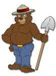 anthro barefoot belt black_text blue_sclera bottomwear brown_body brown_eyes brown_fur brown_nose clothing denim denim_bottomwear denim_clothing feet fur hat headgear headwear holding_object holding_shovel holding_tool jeans male musclegut muscular pants shovel simple_background solo tan_hat tan_headwear text tools white_background brucebadger united_states_forest_service smokey_bear bear mammal