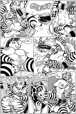 anal anal_penetration anthro anus areola balls big_breasts bodily_fluids breasts butt clone cum cum_in_mouth cum_inside dialogue double_penetration erect_nipples erection fellatio female genital_fluids genitals group group_sex humanoid_genitalia humanoid_penis male male/female masturbation nipples oral oral_penetration orgasm penetration penile penis sex spitroast stripes tail text tongue tongue_out vaginal vaginal_masturbation vaginal_penetration vulva karno equid equine felid horse mammal pantherine tiger zebra comic english_text monochrome