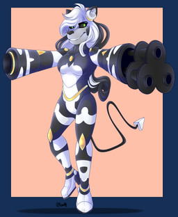 anthro arm_cannon black_body female gatling_gun green_eyes gun gun_arm hair high_heeled_feet long_hair machine machine_gun markings minigun multicolored_body multicolored_hair nude ranged_weapon small_ears solo spade_tail tail thin_tail two_tone_body two_tone_hair weapon weapon_arm white_body white_hair yellow_markings rmcreeps thetis_(bonjolasermaster) android robot hi_res