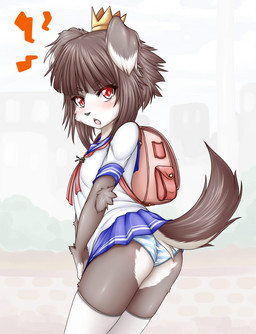 anthro asian_clothing backpack black_nose blush brown_body brown_fur brown_hair butt clothed clothing crown east_asian_clothing female fur hair headgear japanese_clothing japanese_school_uniform legwear looking_at_viewer open_mouth panties red_eyes school_uniform serafuku simple_background solo standing stockings underwear uniform upskirt white_body white_fur syrup_(artist) canid canine canis domestic_dog mammal 2015