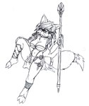 anthro armor big_breasts bottomwear bracers breasts choker clothing crown ear_piercing ear_ring female furgonomics hair headgear jewelry loincloth markings navel necklace piercing ring_piercing solo staff tiara topwear viroveteruscy nintendo star_fox krystal_(star_fox) canid canine fox mammal 2010 black_and_white hi_res monochrome