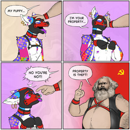 animal_mask anthro bdsm border breath clothing collar colored_sclera communism cuff_(restraint) dialogue duo ear_piercing ear_ring facial_piercing handwear harness humor leather leather_clothing leather_topwear leather_vest male male/male marxism mask nose_piercing panting patterned_fur paw_pose petplay piercing pleading_eyes political_cartoon politics pose pup_mask puppyplay restraints ring_piercing roleplay sparklefur text tongue tongue_piercing topwear vest white_border wrist_cuffs triplecorne karl_marx canid canine human mammal 1:1 comic english_text hi_res