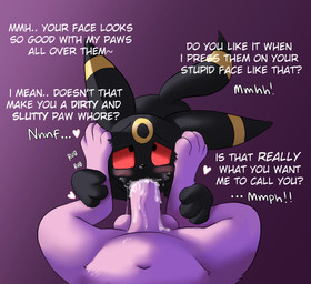 3_toes 4_toes balls black_body black_fur bodily_fluids bubble cum cum_bubble cum_in_mouth cum_in_nose cum_inside degradation dialogue dominant dominant_male drinking drinking_cum duo feet fellatio feral first_person_view foot_fetish fur genital_fluids genitals humanoid_genitalia humanoid_penis looking_at_viewer male male/male male_pov messy navel oral paws penile penis purple_background purple_body purple_fur red_eyes saliva sex simple_background sloppy_blowjob submissive submissive_male talking_feral text toes lolpiss nintendo pokemon eeveelution espeon generation_2_pokemon pokemon_(species) umbreon absurd_res english_text hi_res