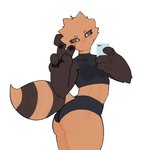 antennae_(anatomy) anthro arm_tuft arthropod athletic athletic_female bee bottomwear bra brown_body brown_fur brown_sclera butt claws clothing crop_top curvy_figure dark_sclera elbow_tuft female finger_claws fur gesture goonie-san hand_gesture hi_res high_waisted_bottomwear hymenopteran insect looking_at_viewer midriff multicolored_body reiko_(goonie-san) selfie shirt shorts simple_background smile smiling_at_viewer sports_bra sports_panties stinger tan_body tan_fur tank_top thick_thighs topwear tuft underwear v_sign
