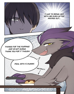 anthro biped breasts cute_fangs dialogue directional_arrow duo eyelashes fangs featureless_breasts female fur grey_body grey_fur hair male multicolored_body multicolored_fur pupils purple_body purple_fur side_view speech_bubble teeth text yellow_eyes svkhaiminh nintendo pokemon generation_5_pokemon human mammal pokemon_(species) shiny_pokemon zoroark comic english_text hi_res