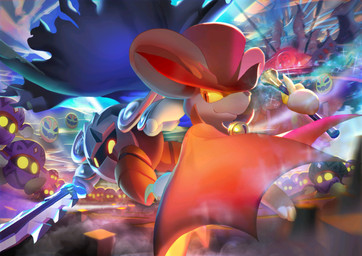 ambiguous_gender anthro armless back_to_back battle cape claws clothing crowd detailed_background duo_focus eye_contact floating_hands fur glowing glowing_eyes grey_body grey_cape grey_clothing grey_fur group hat headgear headwear holding_melee_weapon holding_object holding_staff holding_sword holding_weapon looking_at_another male mask melee_weapon orange_eyes purple_clothing red_cape red_clothing red_hat red_headwear shadow_face staff sword weapon wearing_hat wearing_mask yellow_claws yellow_eyes yellow_sclera unknown_artist kirby_(series) kirby_star_allies nintendo dark_meta_knight daroach jammerjab mammal murid murine rat rodent two_face_(kirby) waddling_head