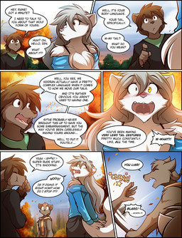 angry anthro attack autumn blush brown_body brown_eyes brown_fur brown_hair chest_tuft clothed clothing detailed_background dialogue ears_back embarrassed eyes_closed female fur greeting grey_hair group hair hitting humor laugh male open_mouth outside pivoted_ears plant scarf shocked text topless tree tuft white_body white_fur yelling yellow_eyes conditional_dnp tom_fischbach twokinds raine_silverlock sythe_(twokinds) zen_(twokinds) canid canine canis keidran mammal wolf 2017 adobe_photoshop_(artwork) colored comic digital_media_(artwork) english_text