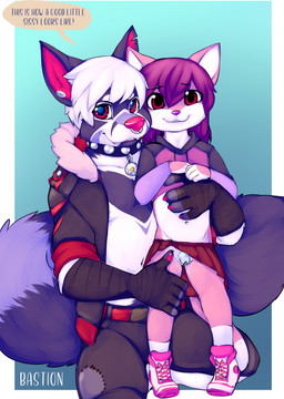 age_difference anthro blue_background bottomwear chastity_cage chastity_device chastity_piercing clothed clothing clothing_lift collar crossdressing dialogue duo ear_piercing eunuch facial_piercing femboy flaccid footwear fur genital_piercing genital_scar genitals grey_body grey_fur hair hoodie jacket larger_male legwear looking_at_viewer male male/male navel nipples no_underwear nose_piercing nose_ring older_male orchiectomy_scar pants penis penis_piercing piercing pink_body pink_fur prince_albert_piercing purple_hair red_eyes ring_piercing scar shoes simple_background size_difference skirt skirt_lift smaller_male socks standing text topwear white_body white_fur young young_anthro young_male younger_male raineshadowpaw bastion_(bastion) nemi_(ecchinemi) canid canine canis domestic_cat felid feline felis mammal wolf absurd_res english_text hi_res signature