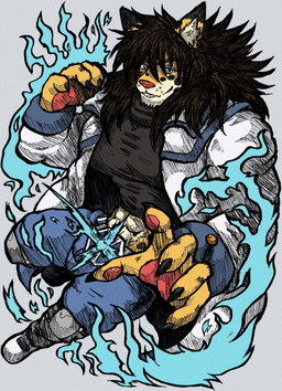 abs anthro armor athletic barazoku belt big_muscles blonde_hair blue_eyes bottomwear brown_body brown_fur bulge clothed clothing crop_top denim denim_bottomwear denim_clothing fangs fur hair heterochromia jeans male markings muscular muscular_anthro muscular_male navel open_bottomwear open_clothing orange_eyes overalls pants pecs pose shirt simple_background solo spots tan_body tan_fur teeth text thick_thighs topwear whiskers jwbash felid feline jaguar mammal pantherine absurd_res hatching_(art) hi_res shaded