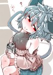 big_breasts blush bottomwear breasts can clothed clothing container female grey_hair hair holding_object question_mark red_eyes short_hair shorts side_boob sitting smile solo sweater topwear sabitare touhou nazrin animal_humanoid humanoid mammal mammal_humanoid mouse_humanoid murid murid_humanoid murine murine_humanoid rodent rodent_humanoid absurd_res hi_res