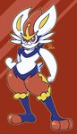 ambiguous_gender fur long_ears orange_body orange_fur pose red_background red_eyes scut_tail short_tail simple_background solo standing tail thick_arms thick_thighs white_body white_fur mdjoe nintendo pokemon cinderace generation_8_pokemon lagomorph leporid mammal pokemon_(species) 2022 4:7 signature