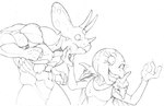 anthro duo female holding_head male muscular muscular_male smile crablice chrono_trigger disney square_enix the_emperor's_new_groove azala nizbel ceratopsian dinosaur ornithischian prehistoric_species reptile reptite scalie triceratops crossover meme monochrome