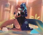 5_fingers anthro breasts clothed clothing detailed_background dress duo eyebrows eyelashes female female/female fingers horn kneeling partially_submerged smile tail water dafka chessie_(shycyborg) canid canine hybrid mammal 2021 absurd_res digital_media_(artwork) hi_res