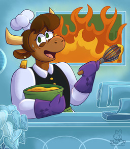 2_horns anthro apron arms_bent bakery bangs blue_wall bodily_fluids bowl brown_body brown_fur brown_hair button_(fastener) chef_hat clothed clothed_anthro clothed_female clothing container counter dress ear_piercing ear_tag eyebrow_through_hair eyebrows eyelashes female female_anthro fire food fur green_apron green_clothing green_eyes hair handwear hat headgear headwear holding_bowl holding_container holding_object holding_whisk horn kitchen_utensils lidded_eyes light logo multicolored_body multicolored_fur nervous nervous_smile nervous_sweat open_mouth open_smile oven_mitts piercing pink_tongue plant purple_clothing purple_handwear purple_oven_mitts short_hair sign smile solo spatula sweat tan_horn tongue tools translucent translucent_hair two_tone_body two_tone_fur wall_(structure) whisk white_clothing white_dress white_hat white_headwear window hivemindmoshpit cookie_haus jackbox_games the_jackbox_party_pack moonique_(cookie_haus) bovid bovine cattle mammal 2025 artist_logo colored digital_drawing_(artwork) digital_media_(artwork) english_description hi_res lighting shaded