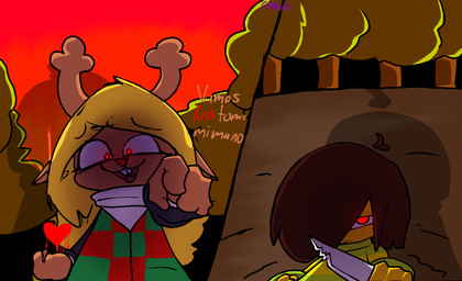 anthro brown_body buckteeth creepy defensive dialogue duo female forest heart_symbol insane knife lake looking_at_another male male/female plant possession red_eyes snowgrave tan_body teeth text tree yellow_body yellow_skin clovedex deltarune undertale_(series) kris_dreemurr noelle_holiday deer human mammal new_world_deer reindeer soul_(undertale) spanish_text translation_request