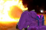 bent_over big_breasts big_butt blue_hair breasts butt ear_piercing ear_ring fart female fire glistening glistening_butt hair hoop_ear_ring horn huge_breasts looking_at_viewer nude piercing pink_horn purple_body purple_breasts purple_butt ring_piercing solo thick_thighs wide_hips grape_shifter revi demon hi_res meme