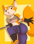 anthro athletic bandage big_breasts blue_bottomwear blue_clothing blue_pants bottomwear breasts clothing female midriff open_mouth orange_eyes pants pose solo staff surprise surprised_expression tail topwear under_boob zebra10045 spark:_a_space_tail vix_(a_space_tail) canid canine fennec_fox fox mammal true_fox 2024 hi_res