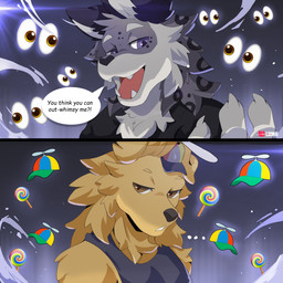 anthro brown_eyes candy clothing dessert duo food fur fur_markings grey_body grey_fur hair hat headgear headwear lollipop looking_at_viewer male markings multicolored_body multicolored_fur muscular muscular_male open_mouth purple_eyes shirt speech_bubble spots spotted_body spotted_fur tank_top teeth topwear two_tone_body two_tone_fur yellow_body yellow_fur lumii i_think_i_like_you dev_(i_think_i_like_you) ray_(i_think_i_like_you) bird_dog canid canine canis domestic_dog felid golden_retriever hunting_dog mammal pantherine retriever snow_leopard 1:1 absurd_res hi_res