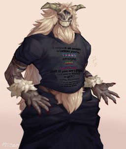 brown_body clothed clothing facial_hair goatee hair horn lgbt_pride long_hair male sharp_teeth simple_background solo surgical_suture tattoo teeth text toothy_grin perciomu frieren_beyond_journey's_end lgbt_pride_month qual_(frieren) demon humanoid hi_res