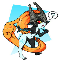 breasts clothing featureless_breasts female flat_chested fused_shadow gesture hand_gesture headgear headwear humanoid_pointy_ears looking_at_viewer markings not_furry one_eye_obstructed pointing pointy_ears question_mark simple_background solo white_background yellow_sclera marshort nintendo the_legend_of_zelda twilight_princess midna humanoid imp twili