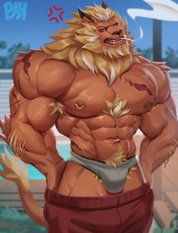 anthro biceps bottomwear bottomwear_down briefs bulge cigarette cigarette_in_mouth clothed clothing ear_piercing male mane muscular muscular_anthro muscular_male nipple_piercing nipples object_in_mouth pants pants_down partially_clothed piercing scar smoking smoking_cigarette solo underwear physen bandai_namco digimon digimon_(species) felid leomon lion mammal pantherine absurd_res hi_res