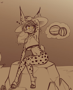 amber_eyes anthro biped breasts clothing female food fruit hat headgear headwear heart_symbol melon plant pose sitting solo sun_hat under_boob watermelon scorpdk mara_(scorpdk) felid feline lynx mammal 2018 absurd_res hi_res