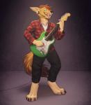 anthro barefoot black_bottomwear black_clothing black_pants bottomwear brown_body brown_fur brown_hair clothed clothing electric_guitar electronics fangs feet fur green_eyes green_guitar grin guitar hair holding_object microphone music musical_instrument musician orange_body orange_fur pants plaid playing plucked_string_instrument shirt simple_background smile solo string_instrument t-shirt tan_body tan_fur teeth topwear white_clothing white_shirt white_topwear eracin nix_dolores canid canine canis golden_jackal jackal mammal absurd_res hi_res