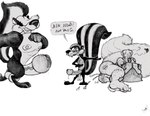 after_sex anthro bareback bodily_fluids cum cum_in_ass cum_inside genital_fluids group male male/male text trio yagi_b._(artist) looney_tunes warner_brothers pepe_le_pew pitu_le_pew yagi_b. mammal mephitid skunk french_text