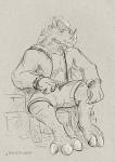 anthro bottomwear clothing drawing ear_piercing ear_ring horn jacket male muscular pants piercing ring_piercing sitting solo topwear loque mammal rhinoceros digital_media_(artwork)