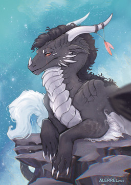 black_body black_scales feathers feral grey_body grey_scales horn jewelry male red_eyes rock scales scar solo tail white_body white_scales alerrel european_mythology mythology hirvendar dragon mythological_creature mythological_scalie scalie western_dragon 2025 half-length_portrait portrait