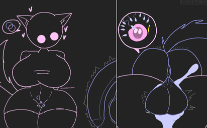 anthro anus backsack balls big_balls big_breasts big_penis black_body blue_outline bodily_fluids breasts clothing cum cum_drip cum_inside curved_penis dripping duo ejaculation female genital_fluids genitals heart_symbol impregnation legwear looking_at_another male male/female on_top outline penis pink_outline shake_lines small_waist speech_bubble sperm_cell tail text thick_thighs thigh_highs thighs_together nonalterna felid feline mammal english_text hi_res