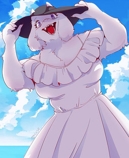 adjusting_hat anthro beach breasts clothing cloud dress fangs female floppy_ears hat headgear headwear horn_through_headwear looking_at_viewer open_mouth outside sea sharp_teeth sky solo summer sun_hat teeth water white_clothing white_dress miz7xf undertale_(series) toriel bovid caprine goat mammal monster