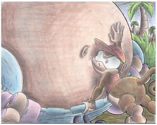 anthro belly big_belly bottomwear clothing duo female footwear grass hand_on_belly hat headgear headwear huge_belly male navel palm_tree pants plant pregnant pregnant_anthro pregnant_female sandals shirt shoes sweatpants topwear tree virus-20 donkey_kong_(series) nintendo diddy_kong tiny_kong kong mammal primate 2013 traditional_media_(artwork)