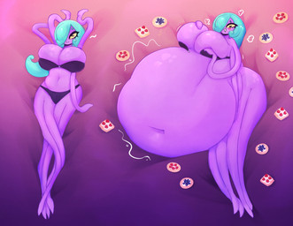 anthro belly big_belly big_breasts blush blush_lines bra breasts cleavage clothed clothing dakimakura female food green_hair hair hair_over_eye hand_on_breast heart_symbol huge_belly huge_breasts hyper hyper_belly lying motion_lines navel on_back on_side one_eye_obstructed panties pastry pseudo_hair pupils purple_body solo stuffing tentacle_hair tentacles underwear unusual_pupils wide_hips yellow_sclera mysterydad karen_(mysterydad) aquatic cephalopod coleoid decapodiform mollusk squid absurd_res dakimakura_design hi_res