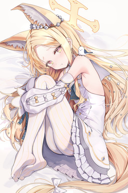 accessory animal_ears bare_shoulders bent_legs blonde_hair blush bow_(feature) clothing dress female fluffy_ears furgonomics glistening glistening_hair hair hair_accessory halo human_and_animal_ears legwear long_hair lying multi_ear no_shoes pantyhose pouting ribbons simple_background tail tail_accessory tail_ribbon white_background white_clothing white_dress white_legwear white_pantyhose yellow_eyes young young_female young_humanoid mojoawa blue_archive nexon seia_(blue_archive) animal_humanoid avian bird canid canid_humanoid canine canine_humanoid fox_humanoid humanoid mammal mammal_humanoid absurd_res hi_res