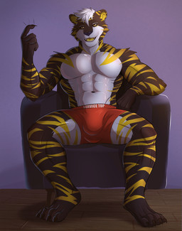 abs anthro bottomwear clothing fur male muscular muscular_anthro muscular_male pecs simple_background solo white_body saronarts absurd_res hi_res