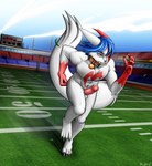 4_toes 5_fingers abs anthro athletic athletic_anthro athletic_male balls blue_hair claws collar collar_only erection fangs feet finger_claws fingers football_field fur genitals gloves_(marking) hair hindpaw humanoid_hands male markings navel nude outside paws penis pokemorph public public_erection public_nudity red_eyes red_markings red_penis running solo stadium tail teeth toe_claws toes white_body white_fur blackorb00 nintendo pokemon survival_of_the_fittest rickey_keller generation_3_pokemon pokemon_(species) zangoose 2016 hi_res signature