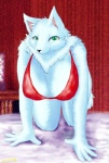 2008 5_fingers all_fours anthro big_breasts breasts canid canine canis chest_tuft cleavage clothed clothing cocolog dress female fingers fur green_eyes looking_at_viewer mammal roko_(cocolog) solo tuft white_body white_fur wolf