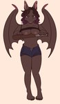 anthro barefoot bat_(object) black_body black_fur black_hair bottomwear breast_squish breasts clothed clothing ear_piercing ear_ring exposed_breasts feet female fur hair highlights_(coloring) piercing purple_highlights ring_piercing shirt_pulled_up shorts sleeveless_shirt solo squish wings kiwijfruit jaina_(golddrake) bat mammal absurd_res hi_res