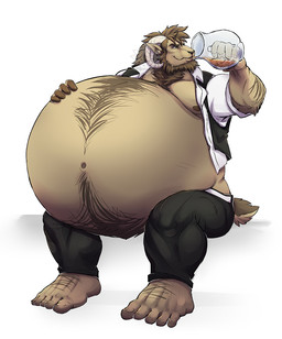 anthro beard belly belly_hair belly_inflation big_belly bloated body_hair bottomwear brown_body brown_fur brown_hair clothed clothing drinking facial_hair fur hair hand_on_belly horn huge_belly inflation male mature_male navel open_clothing open_shirt open_topwear pants pitcher shirt solo topwear takesu bovid caprine mammal sheep hi_res