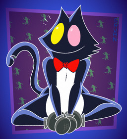 abstract_background anthro black_body black_fur bow_tie clasped_hands countershading electronics fur heterochromia male microphone multicolored_body multicolored_fur pink_eyes sitting smile solo toony two_tone_body two_tone_fur white_body white_fur yellow_eyes gavanzude deltarune undertale_(series) cat_mike_(deltarune) mike_(deltarune) darkner domestic_cat felid feline felis mammal alternate_version_at_paywall digital_drawing_(artwork) digital_media_(artwork) hi_res signature
